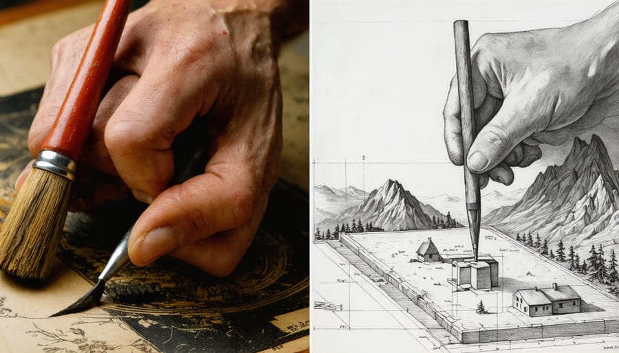 Side-by-side comparison of traditional etching tools and modern digital etching machinery