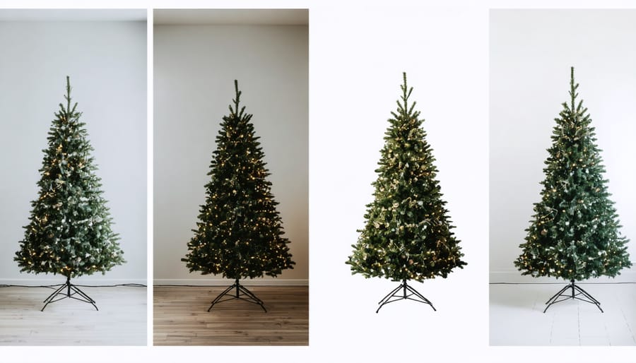 Split image showing visible wires on a Christmas tree versus professionally concealed wiring