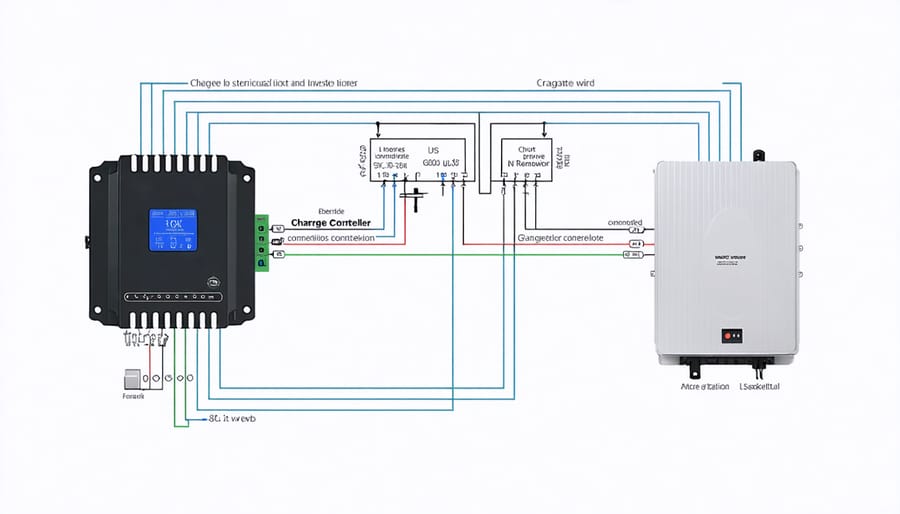 Detailed wiring schematic of charge controller and inverter integration with system components