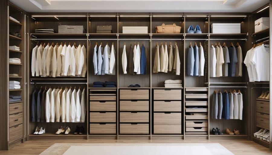 Modern walk-in closet featuring built-in organization systems and multiple storage compartments