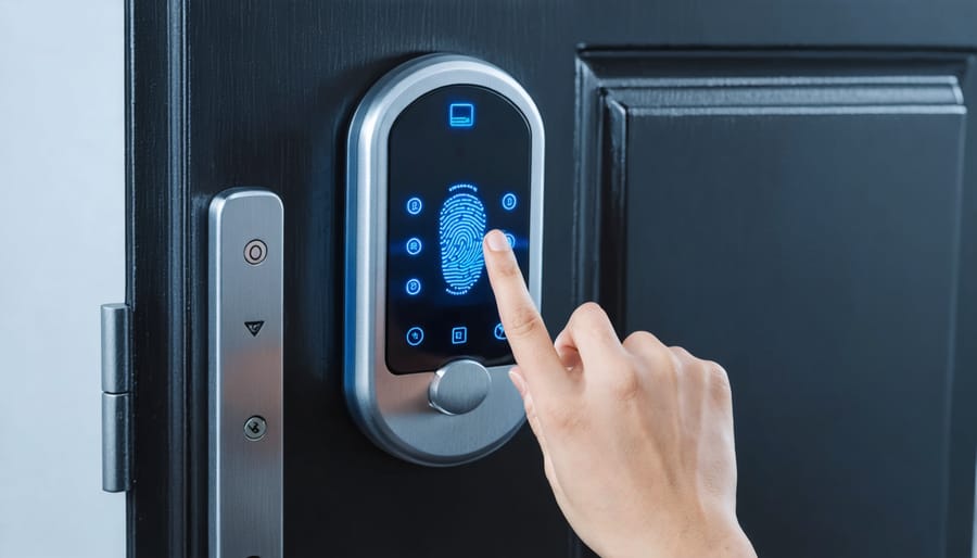 High-resolution image of a fingerprint scanner on a sleek smart door lock with LED indicators