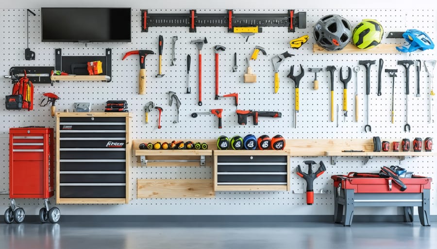Organized garage wall featuring mounted storage systems and efficiently arranged tools and equipment