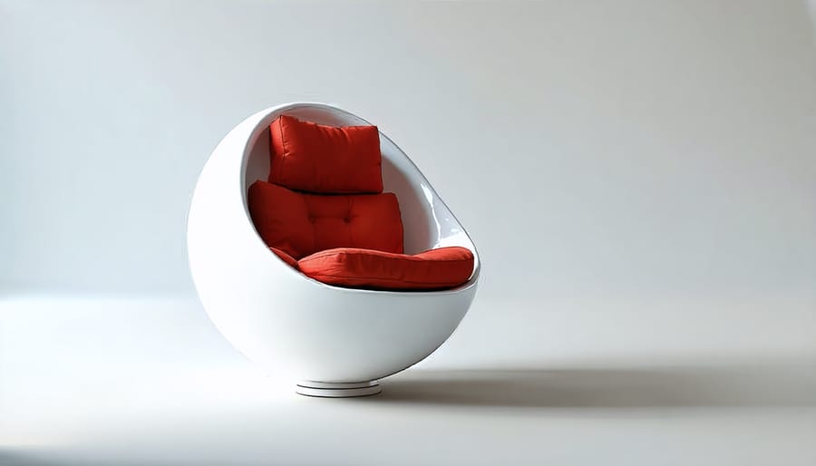 Iconic white Eero Aarnio Ball Chair with red interior cushioning