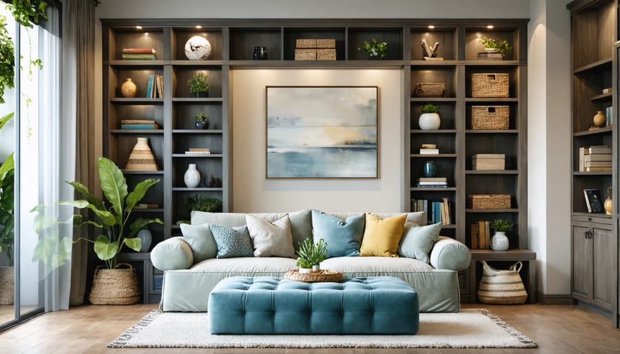 Contemporary living room with multi-functional furniture and integrated storage solutions