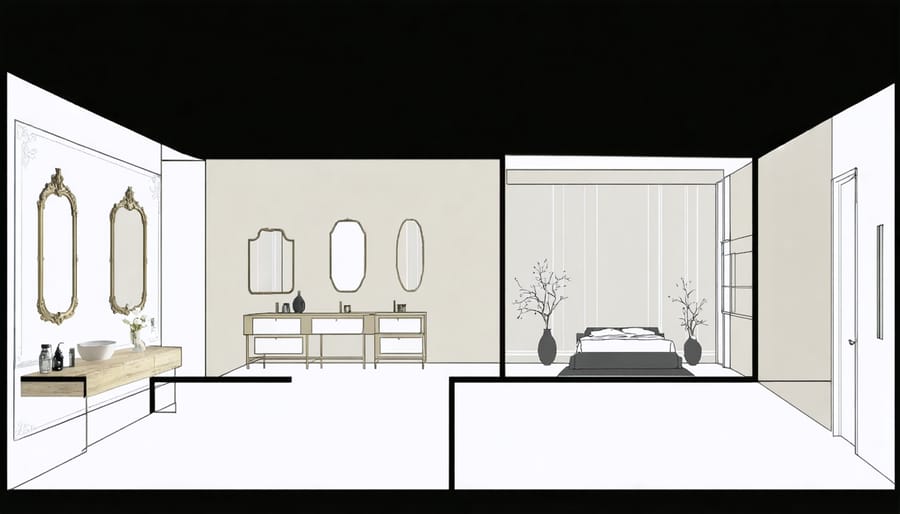 Illustrated floor plan highlighting mirror positions and light patterns for optimal space enhancement