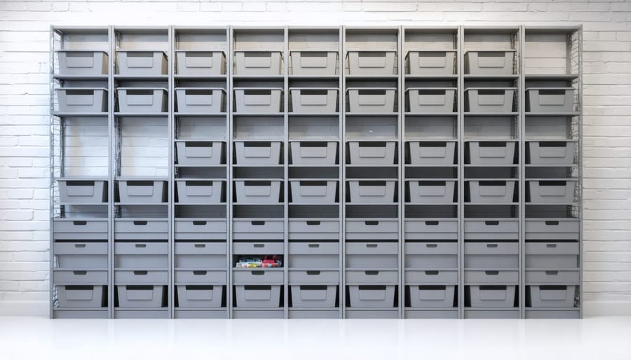 Customizable RV storage wall featuring movable shelves, cabinets, and organizing solutions