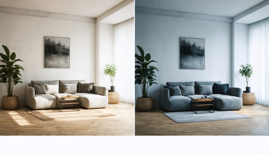 Split image comparing cramped apartment layout versus organized space with modular furniture solutions