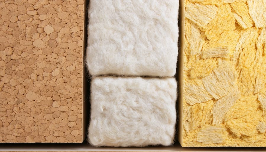 Display of four different natural insulation materials showing their textures and forms