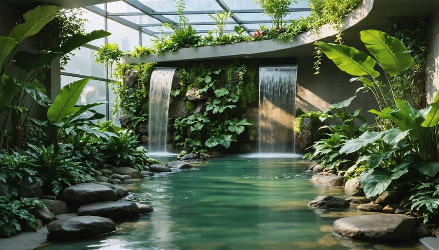 Zen-inspired indoor water fountain surrounded by acoustic-friendly decorative elements