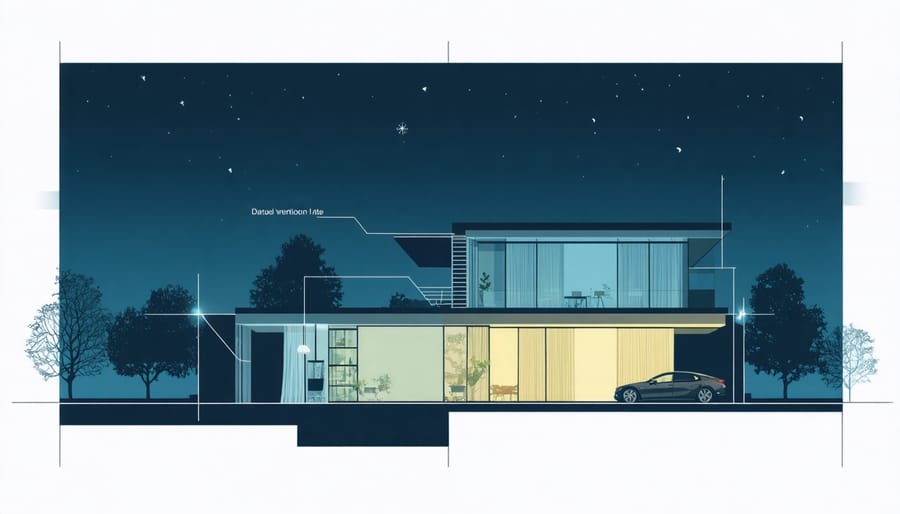Cross-section illustration of a house showing cool air flow patterns through windows at night
