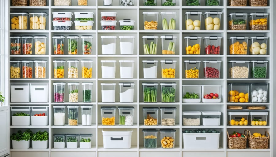Organized kitchen pantry featuring transparent containers, labeled storage bins, and maximized shelf space
