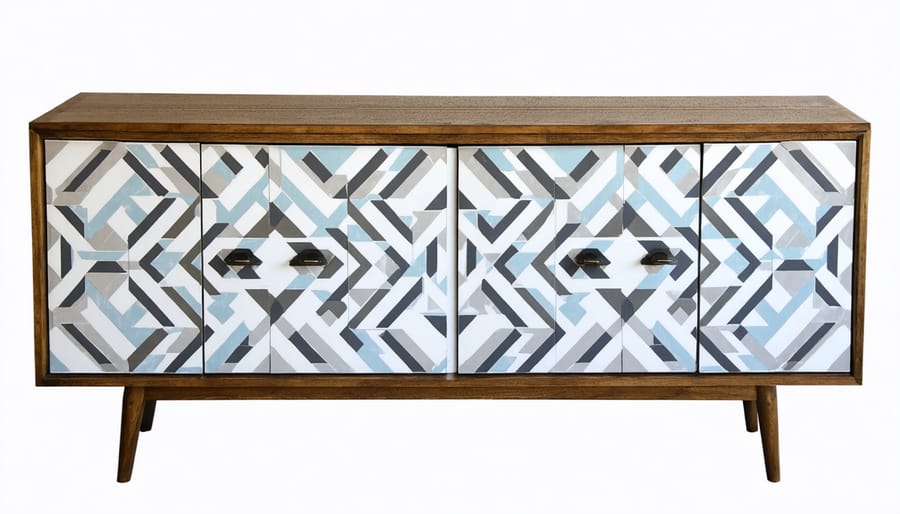 Side-by-side comparison of furniture makeover: plain wooden sideboard transformed into 60s-style piece
