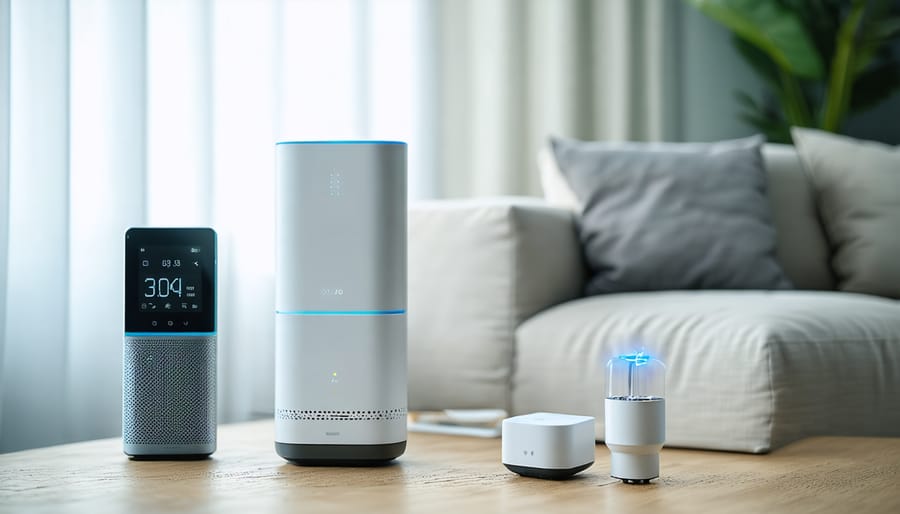 Digital air quality monitor display next to an air purifier in a bedroom setting