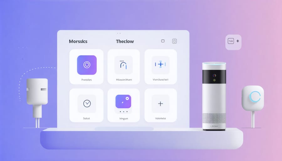 Home automation interface showing voice control and smart lighting controls on a wall-mounted panel