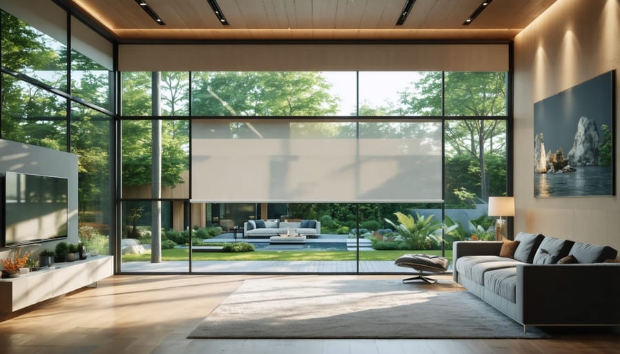 Smart windows with automated shading system in an eco-friendly home interior