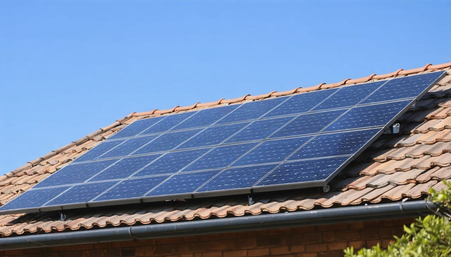 Installation of solar panels on roof mounts showing correct tilt angle and spacing