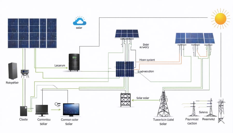 Labeled diagram of solar panels, batteries, charge controller, and inverter connections in an off-grid system