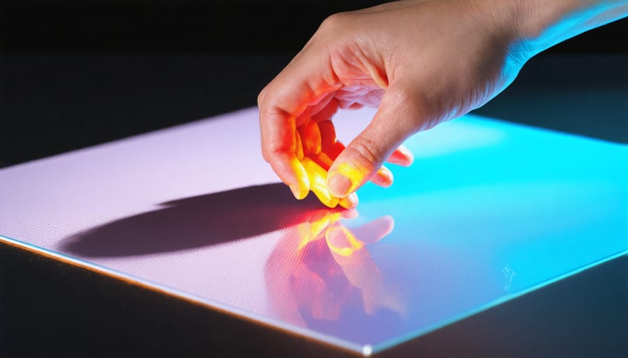 Time-lapse showing surface color transition from blue to red under touch