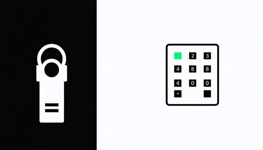Side-by-side comparison of a traditional house key and keypad with a fingerprint scanner and facial recognition interface
