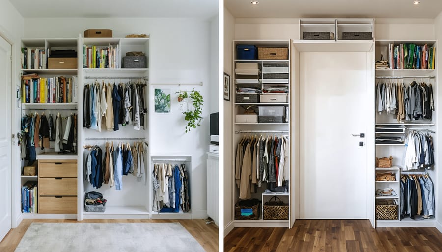 Before and after comparison showing a room transformed with wall-mounted shelves and vertical storage