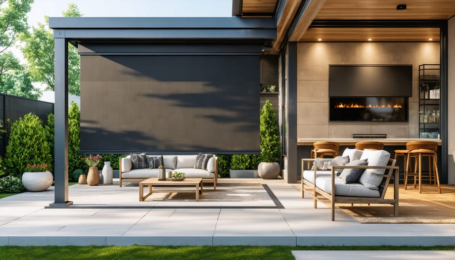 All-weather patio featuring retractable screens and outdoor heating system