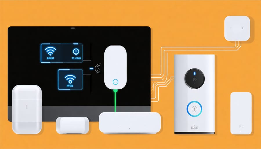 Infographic showing how a z-wave smart lock connects with lights, cameras, and other smart home devices