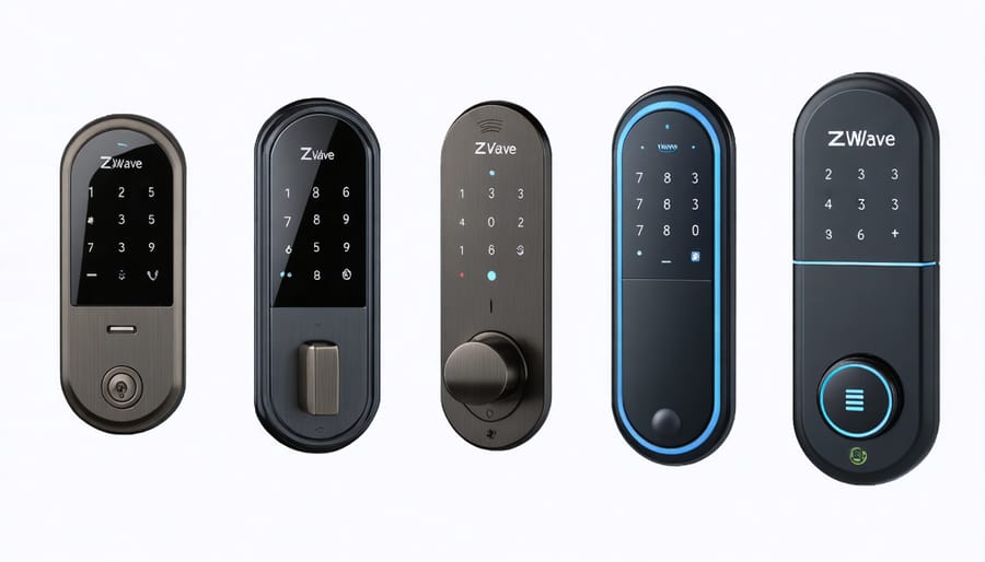 Collection of modern z-wave enabled smart door locks displaying various finishes and touchpad designs