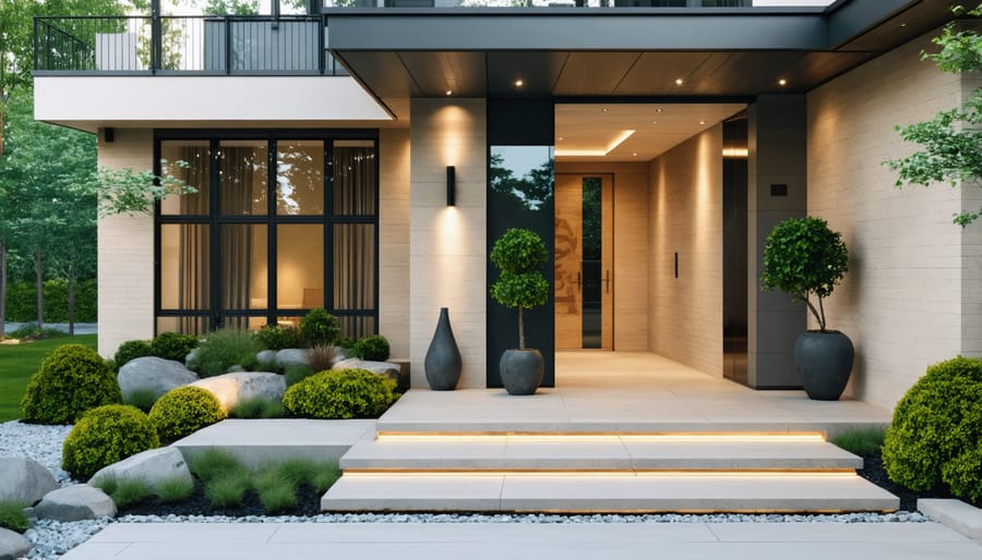 Elegant home entrance with seamless accessibility features including gentle slope and wide doors