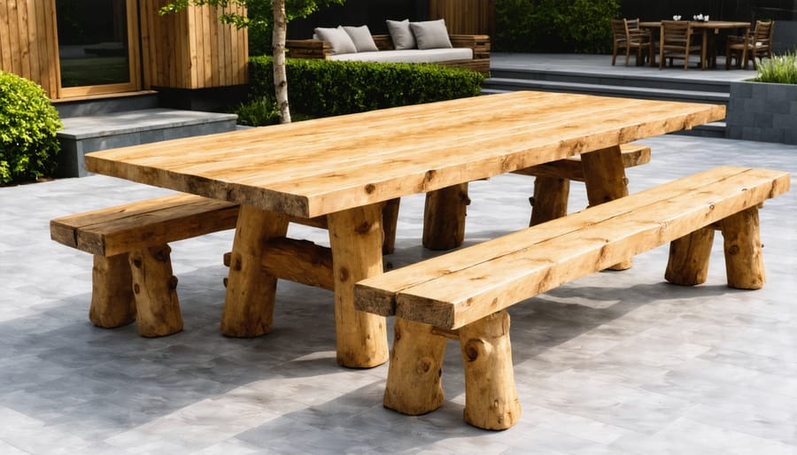 Handcrafted 4x4 wooden outdoor dining set with natural finish in garden setting