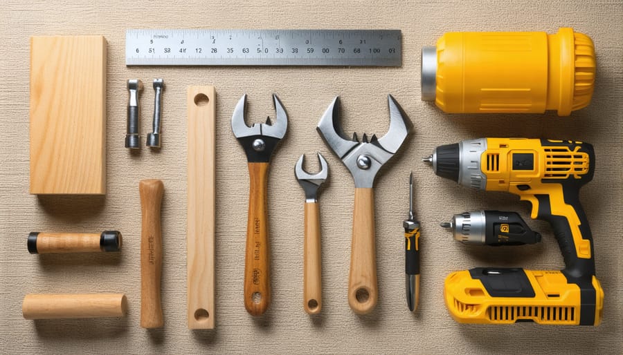 Organized display of woodworking tools, hardware, and 4x4 lumber pieces for DIY furniture projects