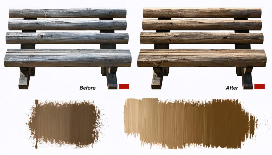 Split image showing untreated versus treated 4x4 outdoor bench demonstrating wood protection
