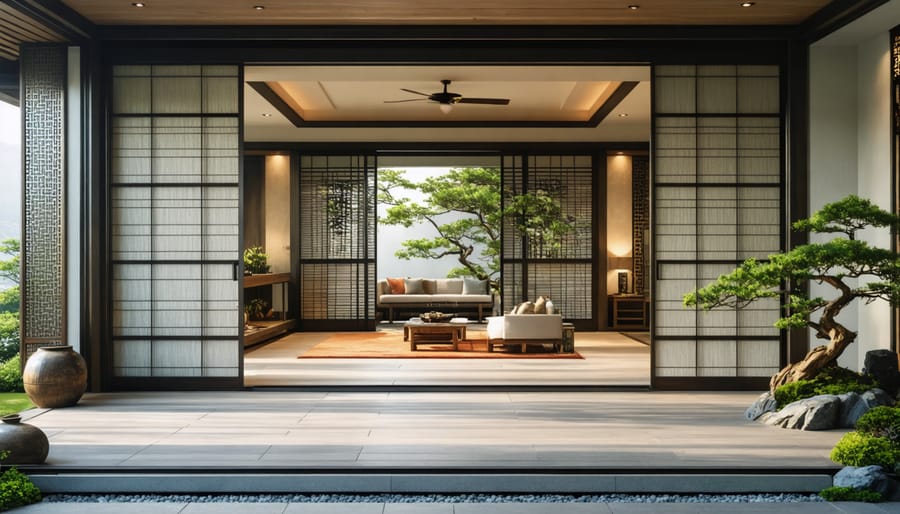 Modern living space with traditional sliding screen room dividers