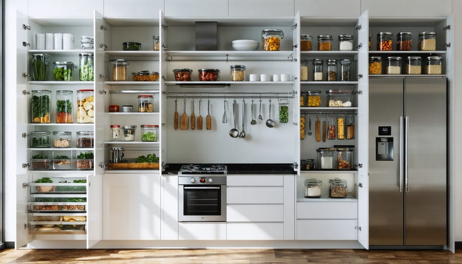 Smart storage solutions including vertical pull-out cabinets and organized pantry systems in an Asian-inspired kitchen