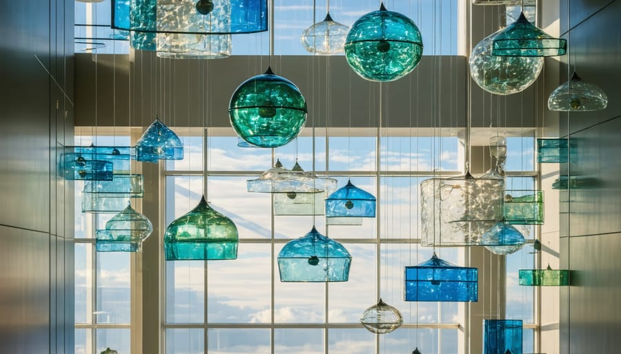 Multiple glass and metal mobiles suspended at varying heights in sunlit atrium