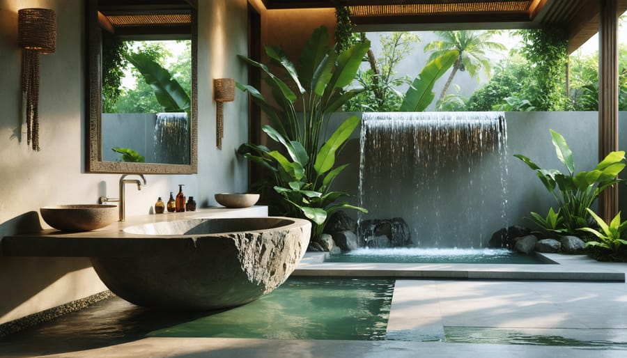 Tropical Balinese bathroom design with water feature and lush greenery
