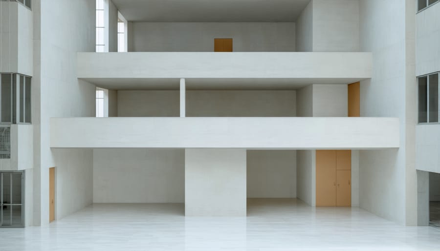 Minimalist Bauhaus interior featuring white walls, simple furniture, and geometric design elements