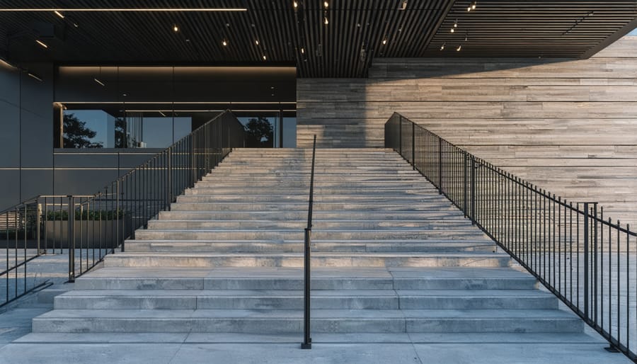 Modern stair railing with horizontal steel cables and wooden handrail