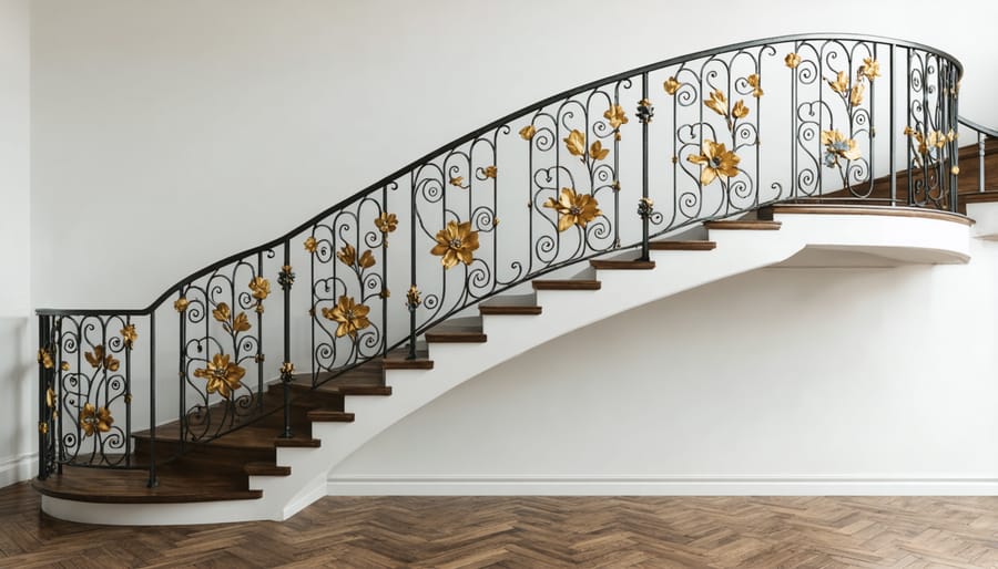 Ornate wrought iron stair railing with classic scrollwork design in a traditional foyer