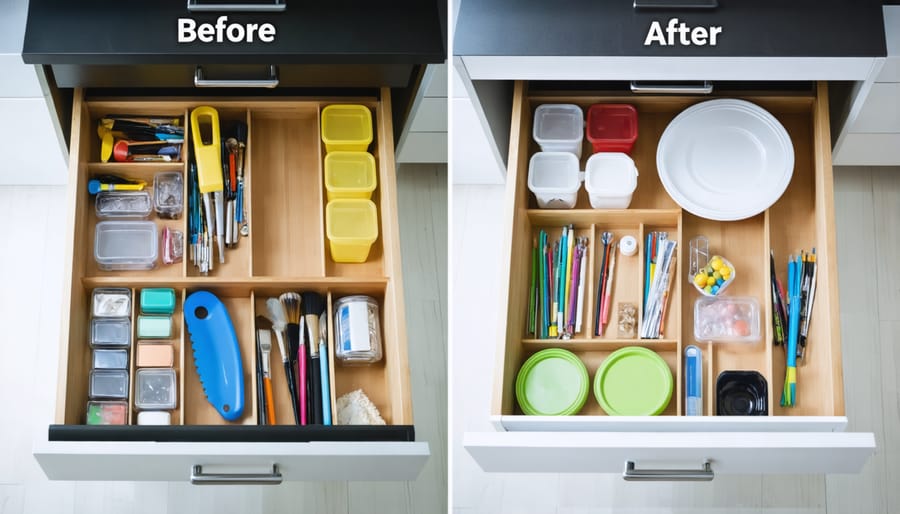 Side-by-side comparison of a messy drawer and the same drawer organized with DIY container solutions