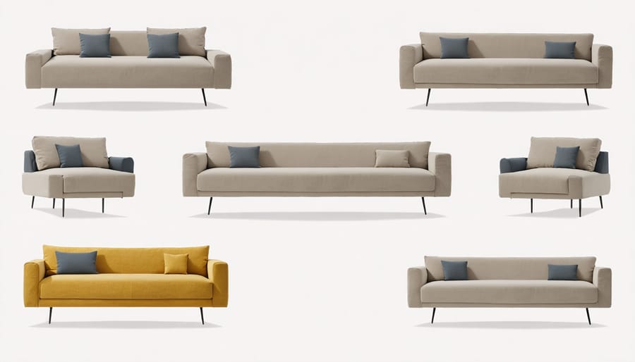 Split-screen image showing four different arrangements of the same modular dune sofa components