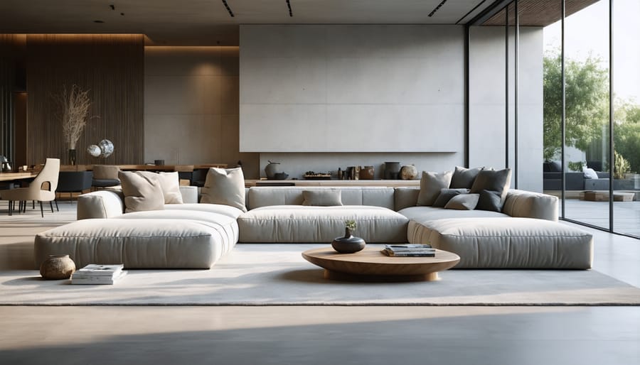 Modern low-profile dune sofa in beige fabric with multiple modular sections in a minimalist living space