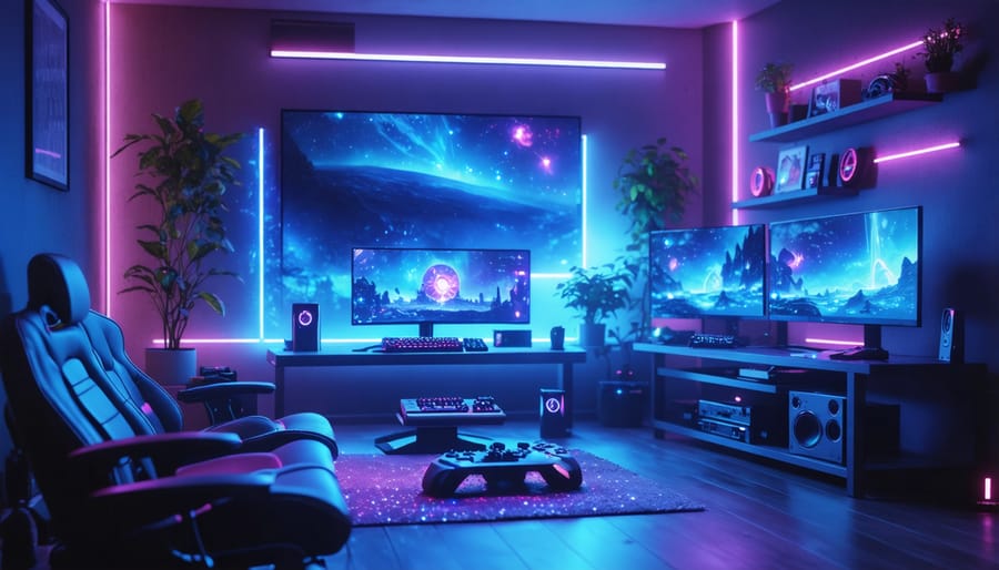 Gaming room interior with customizable RGB lighting and ambient effects