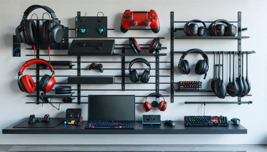 Custom wall storage system displaying gaming controllers, headsets, and accessories