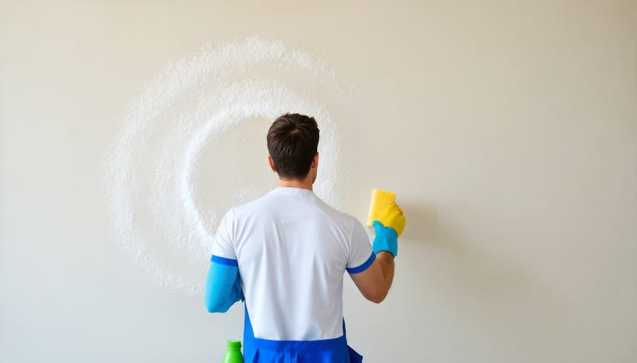 Proper wall cleaning demonstration showing correct technique with cleaning supplies