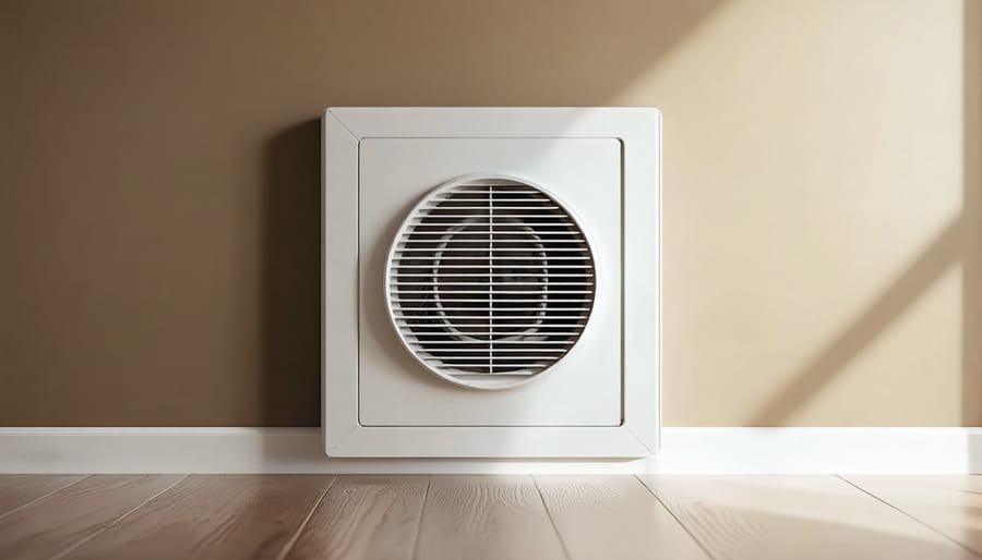 Ceiling-mounted heating vent with visible dust particles in air illuminated by natural light