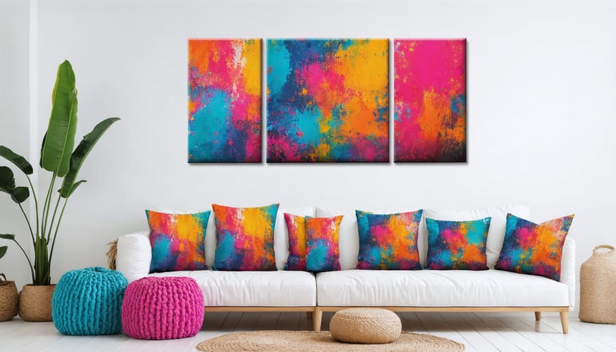 Modern living room decorated with bright Holi festival-inspired colors and patterns