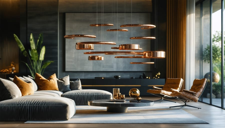 Large metallic kinetic mobile hanging from ceiling in modern living room