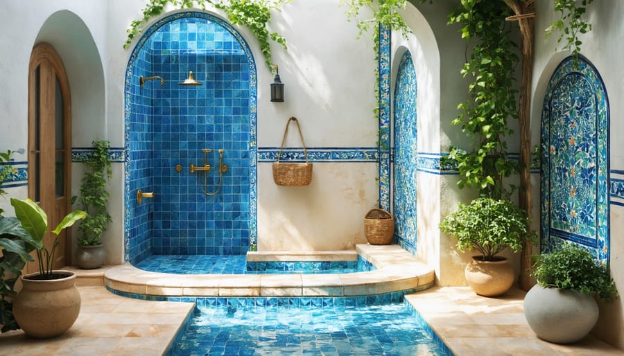 Open-air Mediterranean bathroom featuring decorative tiles and natural lighting