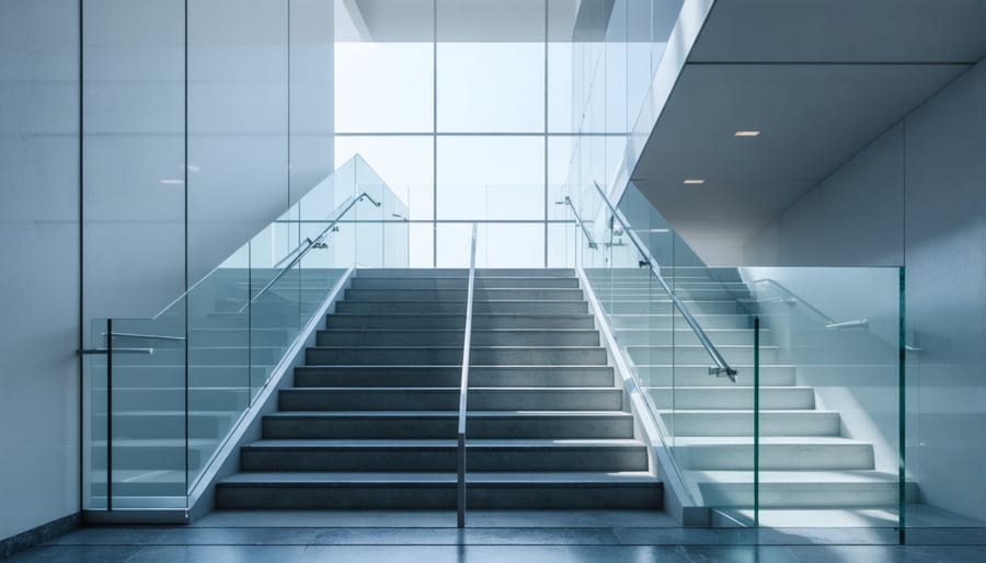 Modern glass stair railing with stainless steel fixtures in contemporary home setting