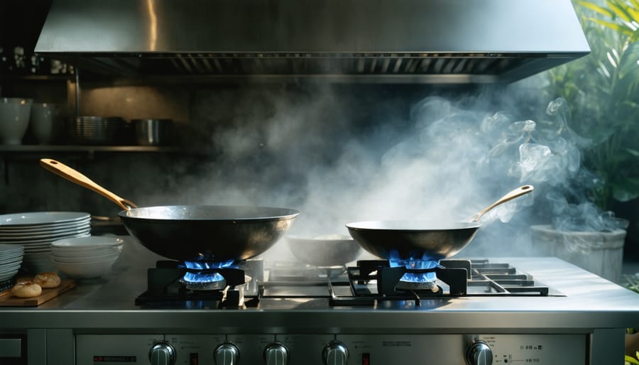 Modern wok cooking station featuring high-BTU burner and commercial-grade ventilation hood